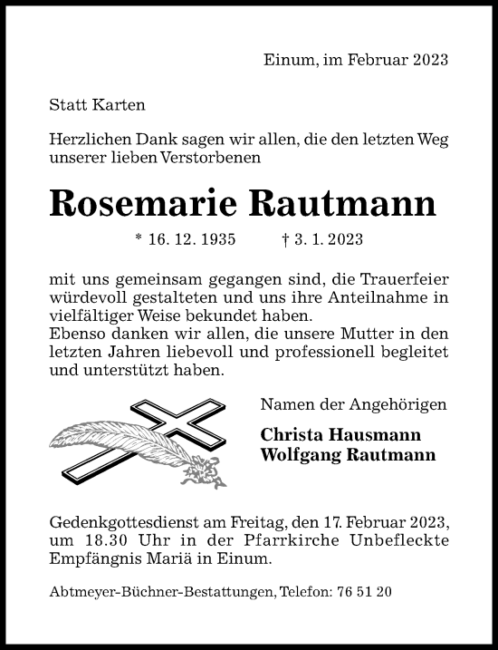 Traueranzeige von Rosemarie Rautmann von Hildesheimer Allgemeine Zeitung