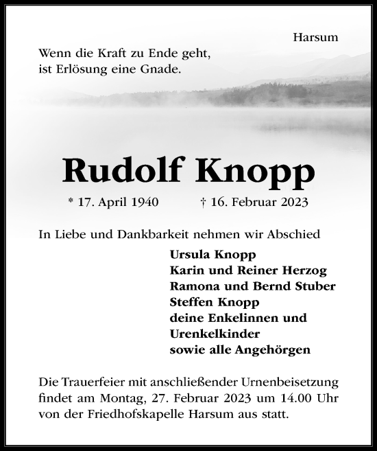 Traueranzeige von Rudolf Knopp von Hildesheimer Allgemeine Zeitung