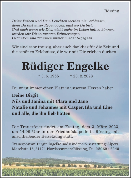 Traueranzeige von Rüdiger Engelke von Hildesheimer Allgemeine Zeitung