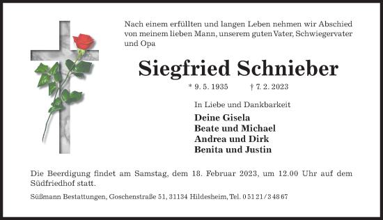 Traueranzeige von Siegfried Schnieber von Hildesheimer Allgemeine Zeitung