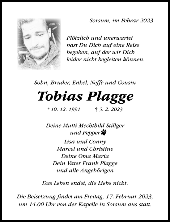 Traueranzeige von Tobias Plagge von Hildesheimer Allgemeine Zeitung