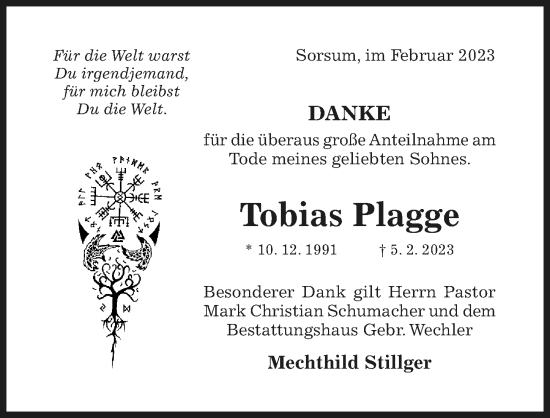 Traueranzeige von Tobias Plagge von Hildesheimer Allgemeine Zeitung