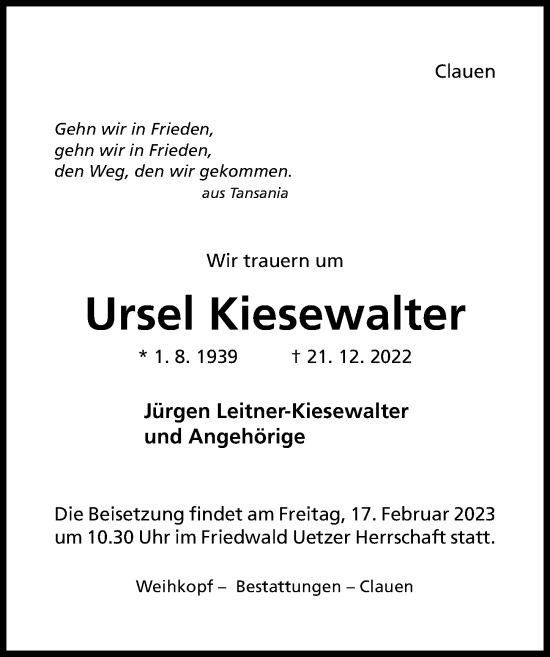 Traueranzeige von Ursel Kiesewalter von Hildesheimer Allgemeine Zeitung