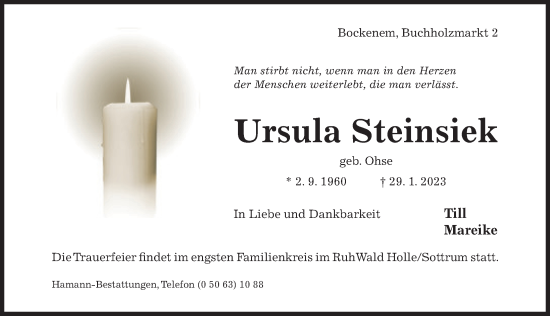 Traueranzeige von Ursula Steinsiek von Hildesheimer Allgemeine Zeitung