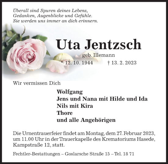 Traueranzeige von Uta Jentzsch von Hildesheimer Allgemeine Zeitung