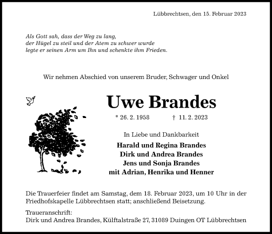 Traueranzeige von Uwe Brandes von Hildesheimer Allgemeine Zeitung