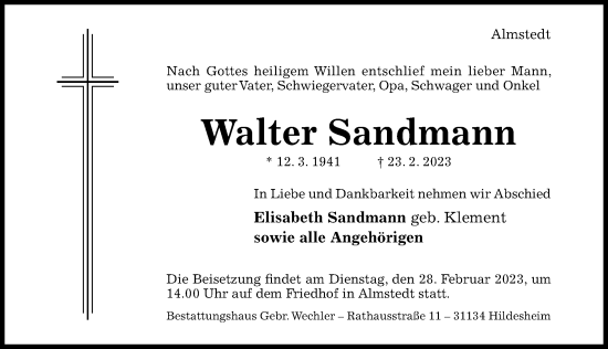 Traueranzeige von Walter Sandmann von Hildesheimer Allgemeine Zeitung