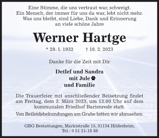 Traueranzeige von Werner Hartge von Hildesheimer Allgemeine Zeitung