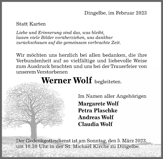 Traueranzeige von Werner Wolf von Hildesheimer Allgemeine Zeitung