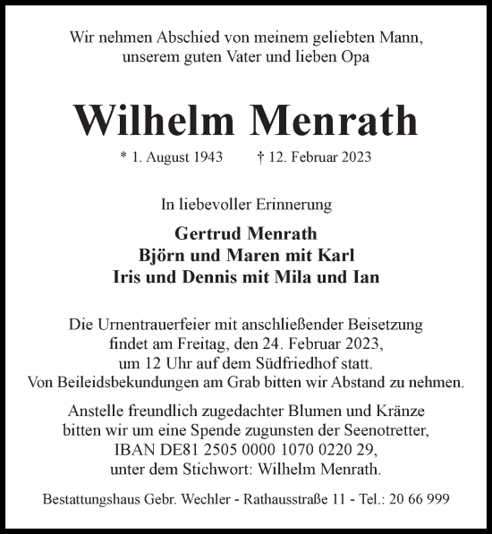 Traueranzeige von Wilhelm Menrath von Hildesheimer Allgemeine Zeitung