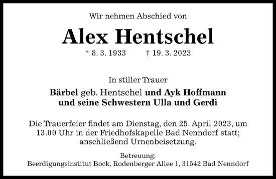 Traueranzeige von Alex Hentschel von Hildesheimer Allgemeine Zeitung