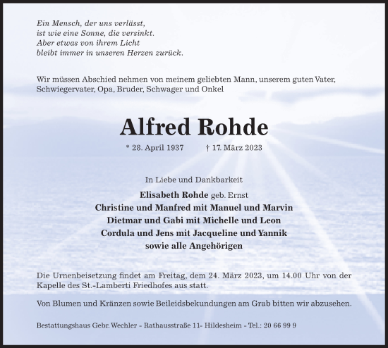 Traueranzeige von Alfred Rohde von Hildesheimer Allgemeine Zeitung