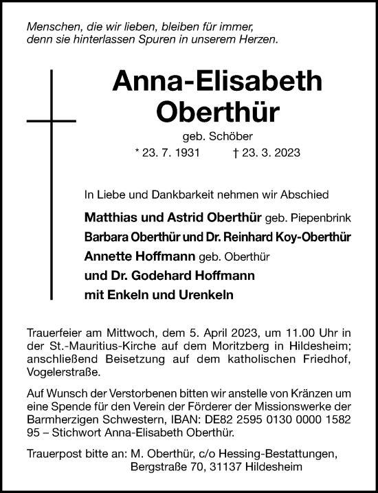 Traueranzeige von Anna-Elisabeth Oberthür von Hildesheimer Allgemeine Zeitung