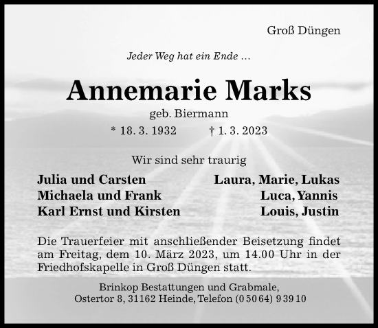 Traueranzeige von Annemarie Marks von Hildesheimer Allgemeine Zeitung