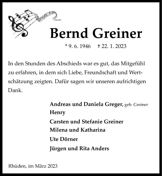 Traueranzeige von Bernd Greiner von Hildesheimer Allgemeine Zeitung