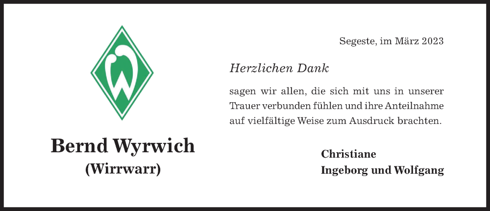  Traueranzeige für Bernd Wyrwich vom 11.03.2023 aus Hildesheimer Allgemeine Zeitung