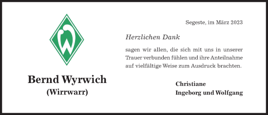 Traueranzeige von Bernd Wyrwich von Hildesheimer Allgemeine Zeitung