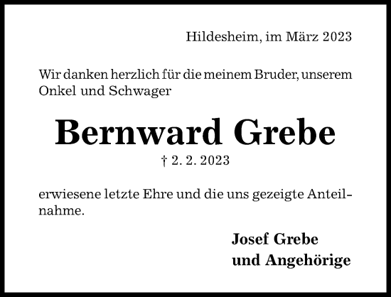 Traueranzeige von Bernward Grebe von Hildesheimer Allgemeine Zeitung