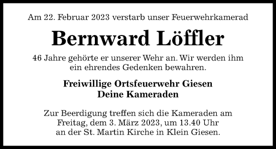 Traueranzeige von Bernward Löffler von Hildesheimer Allgemeine Zeitung