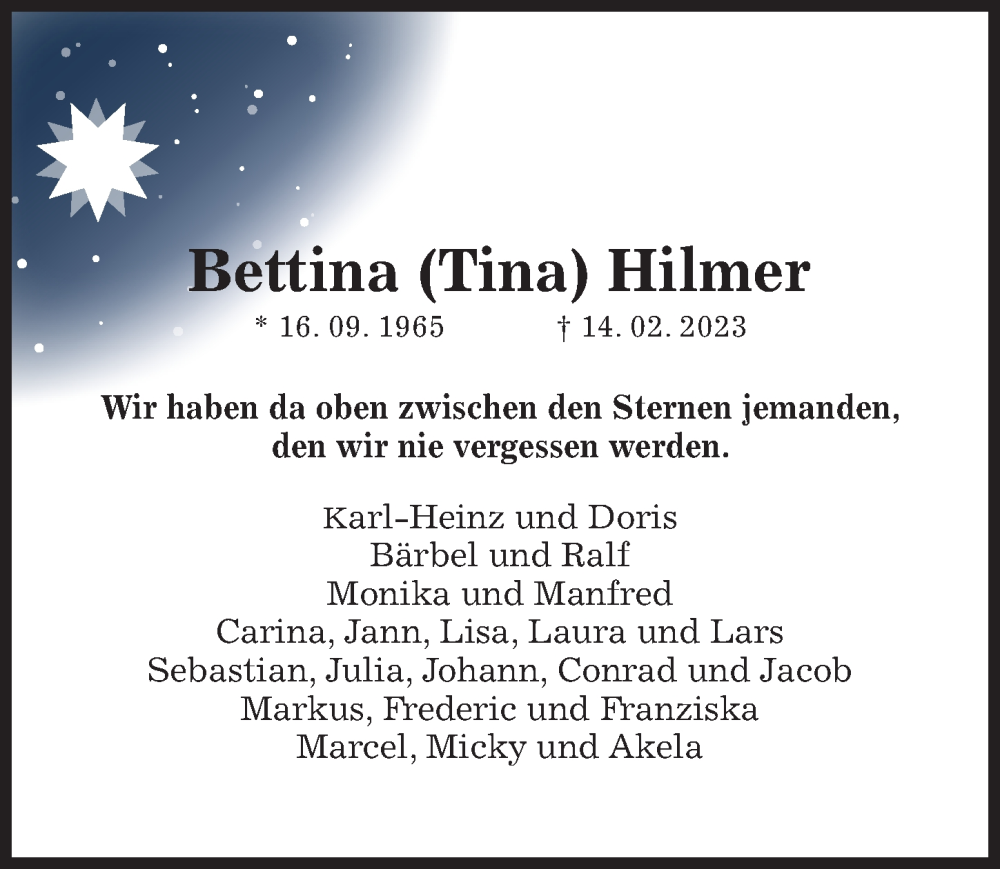  Traueranzeige für Bettina Hilmer vom 18.03.2023 aus Hildesheimer Allgemeine Zeitung