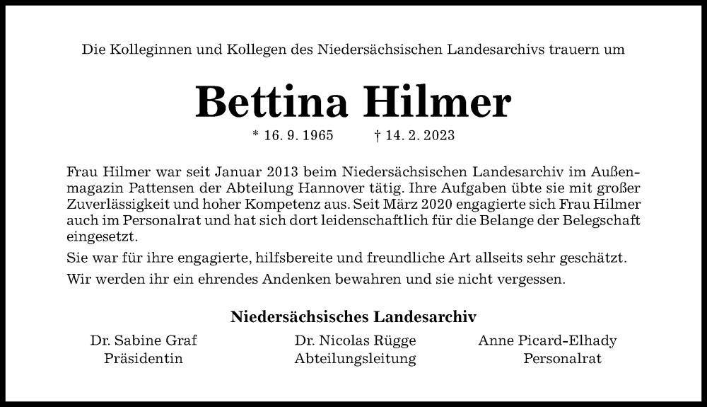  Traueranzeige für Bettina Hilmer vom 18.03.2023 aus Hildesheimer Allgemeine Zeitung
