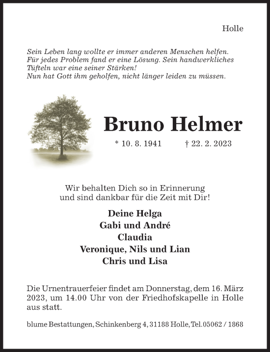 Traueranzeige von Bruno Helmer von Hildesheimer Allgemeine Zeitung