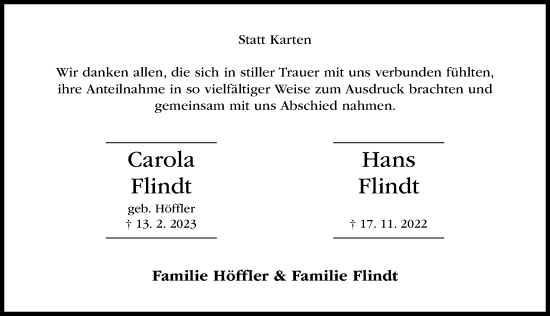 Traueranzeige von Carola Flindt von Hildesheimer Allgemeine Zeitung