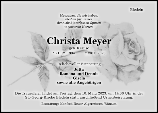 Traueranzeige von Christa Meyer von Hildesheimer Allgemeine Zeitung