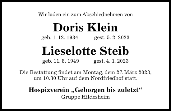 Traueranzeige von Doris Klein von Hildesheimer Allgemeine Zeitung