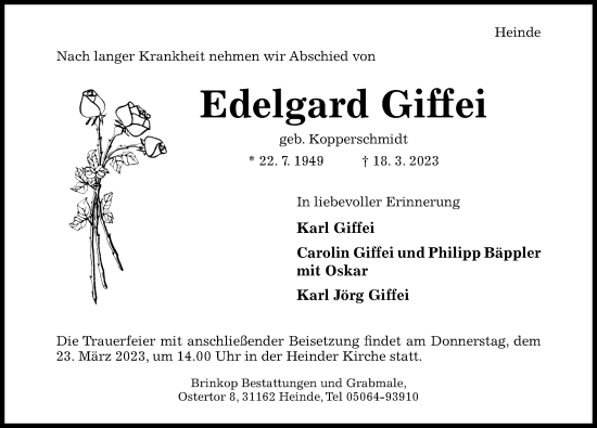 Traueranzeige von Edelgard Giffei von Hildesheimer Allgemeine Zeitung