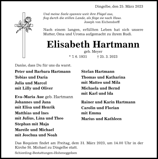 Traueranzeige von Elisabeth Hartmann von Hildesheimer Allgemeine Zeitung