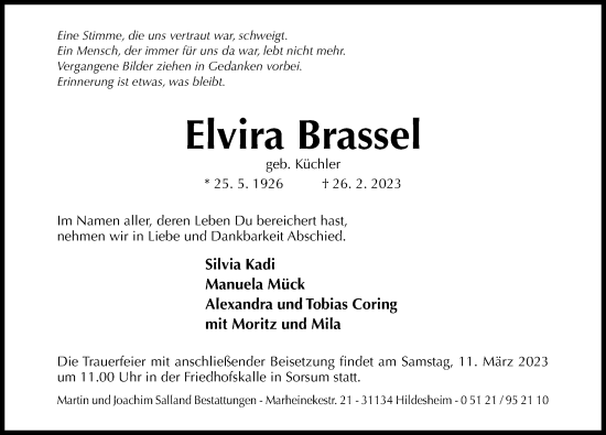 Traueranzeige von Elvira Brassel von Hildesheimer Allgemeine Zeitung