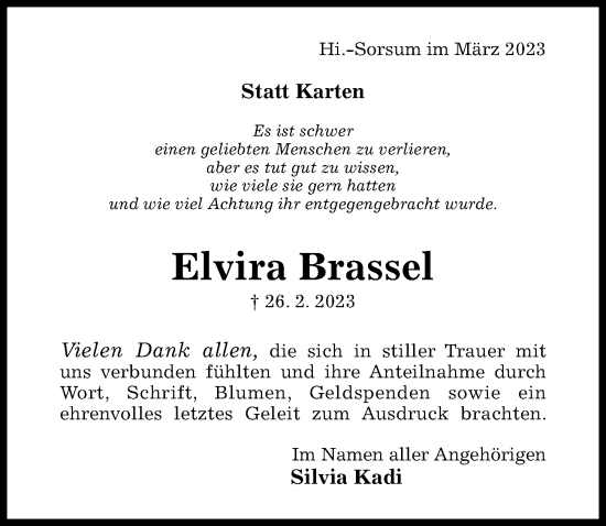 Traueranzeige von Elvira Brassel von Hildesheimer Allgemeine Zeitung