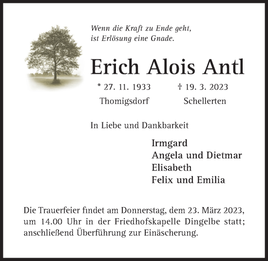 Traueranzeige von Erich Alois Antl von Hildesheimer Allgemeine Zeitung