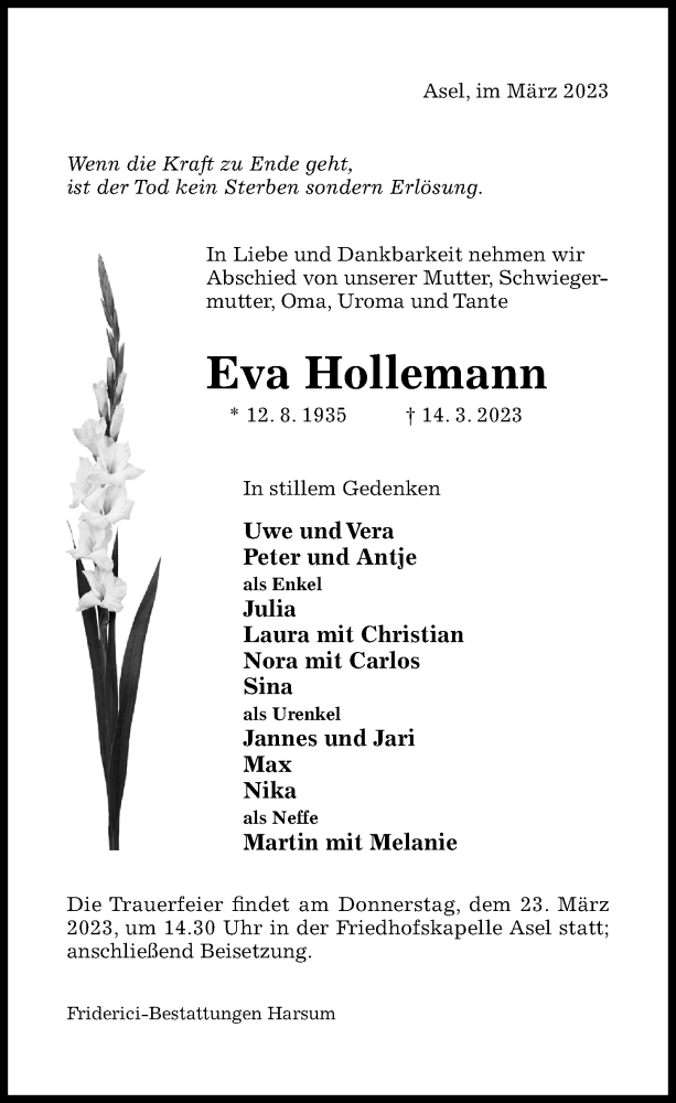  Traueranzeige für Eva Hollemann vom 18.03.2023 aus Hildesheimer Allgemeine Zeitung