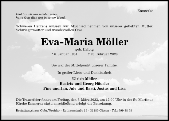 Traueranzeige von Eva-Maria Möller von Hildesheimer Allgemeine Zeitung