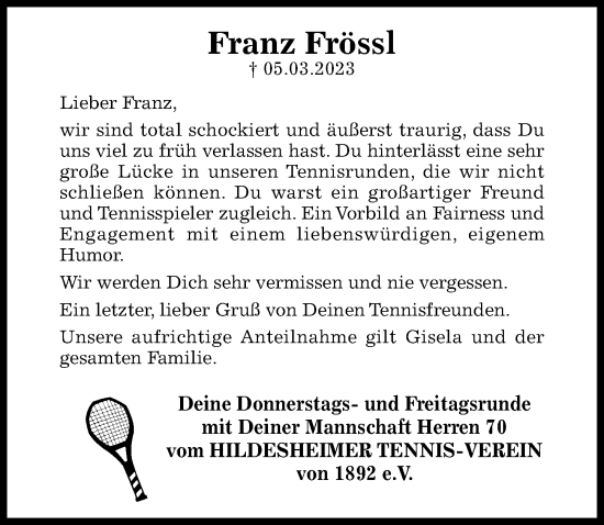 Traueranzeige von Franz Frössl von Hildesheimer Allgemeine Zeitung