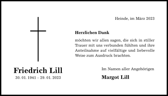 Traueranzeige von Friedrich Lill von Hildesheimer Allgemeine Zeitung