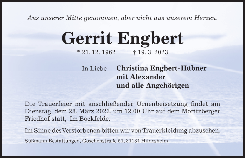  Traueranzeige für Gerrit Engbert vom 23.03.2023 aus Hildesheimer Allgemeine Zeitung