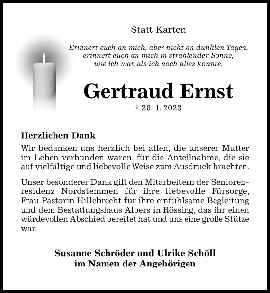 Traueranzeige von Gertraud Ernst von Hildesheimer Allgemeine Zeitung