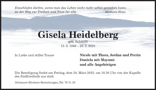 Traueranzeige von Gisela Heidelberg von Hildesheimer Allgemeine Zeitung