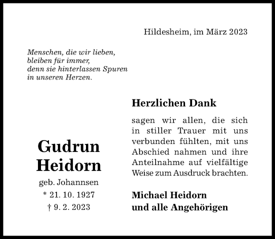 Traueranzeige von Gudrun Heidorn von Hildesheimer Allgemeine Zeitung