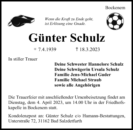 Traueranzeige von Günter Schulz von Hildesheimer Allgemeine Zeitung