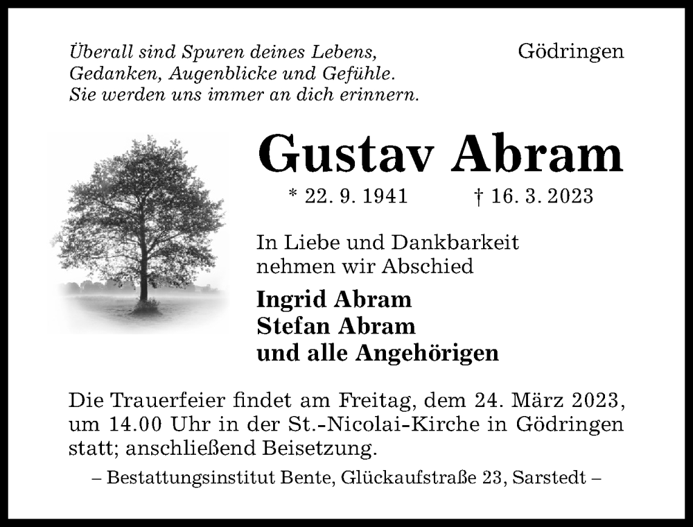  Traueranzeige für Gustav Abram vom 18.03.2023 aus Hildesheimer Allgemeine Zeitung