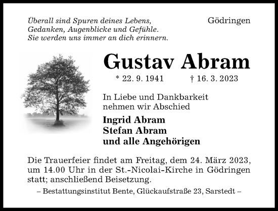 Traueranzeige von Gustav Abram von Hildesheimer Allgemeine Zeitung