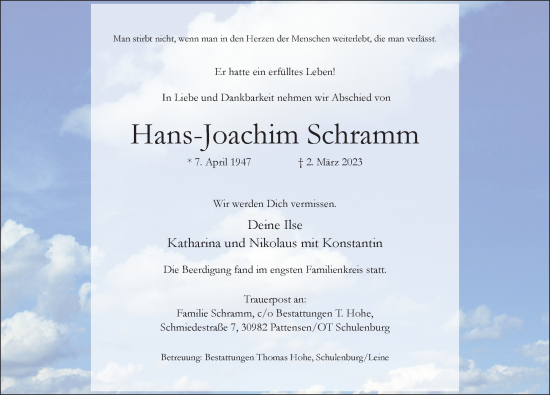 Traueranzeige von Hans-Joachim Schramm von Hildesheimer Allgemeine Zeitung