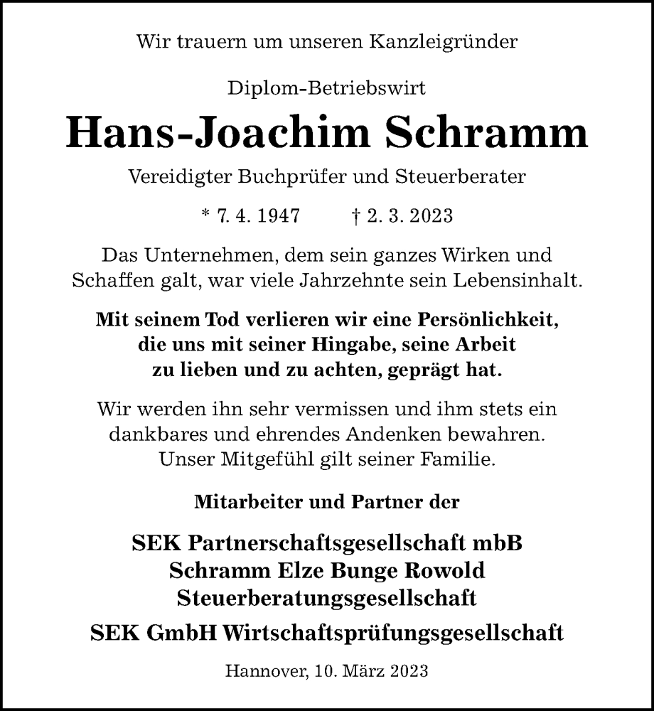  Traueranzeige für Hans-Joachim Schramm vom 11.03.2023 aus Hildesheimer Allgemeine Zeitung