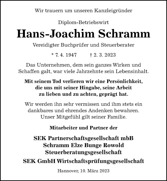 Traueranzeige von Hans-Joachim Schramm von Hildesheimer Allgemeine Zeitung