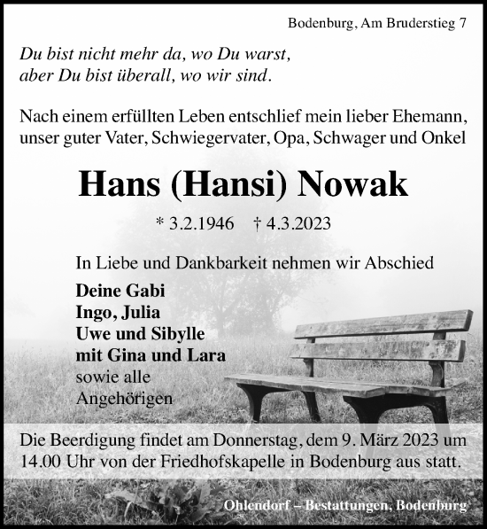 Traueranzeige von Hans Nowak von Hildesheimer Allgemeine Zeitung