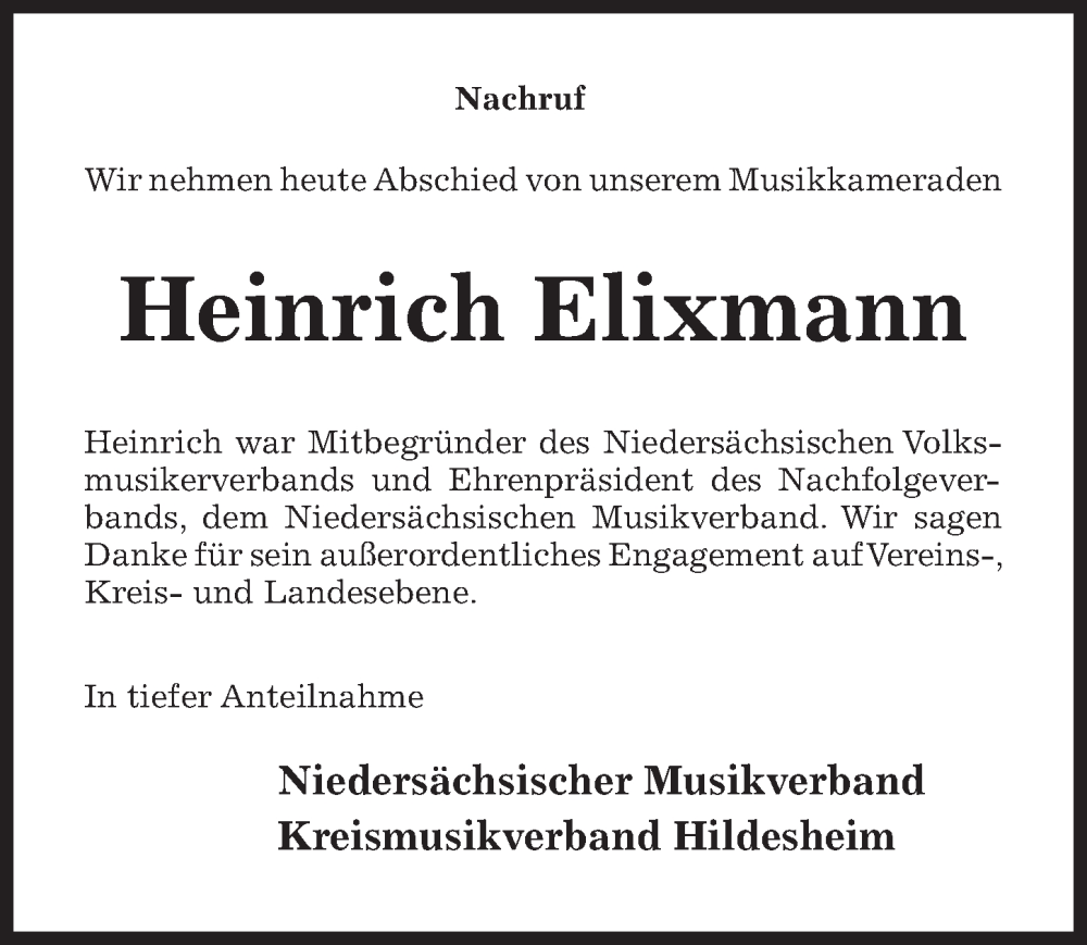  Traueranzeige für Heinrich Elixmann vom 22.03.2023 aus Hildesheimer Allgemeine Zeitung